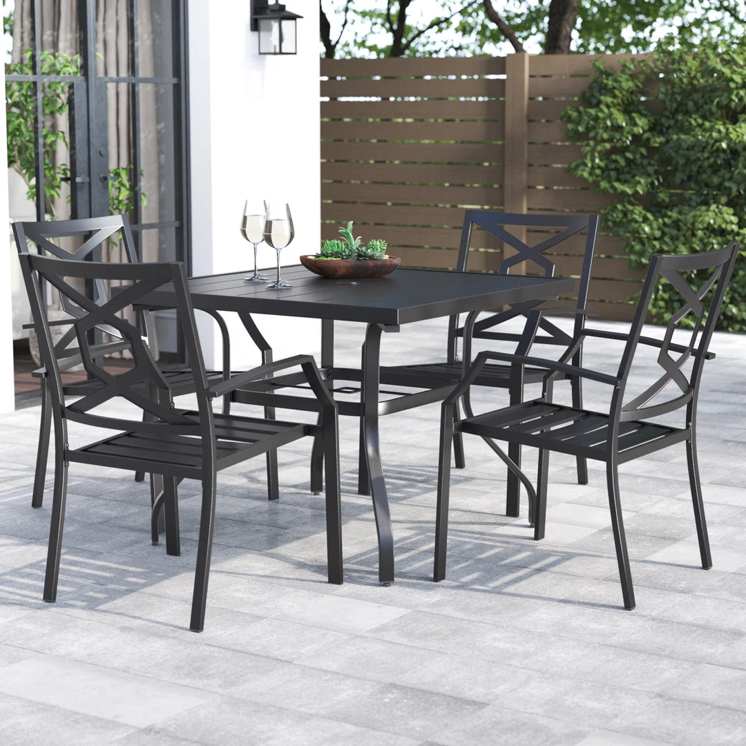 Greyleigh Modbury Outdoor 5-Piece Dining Set with Iron Chairs and Umbrella Hole