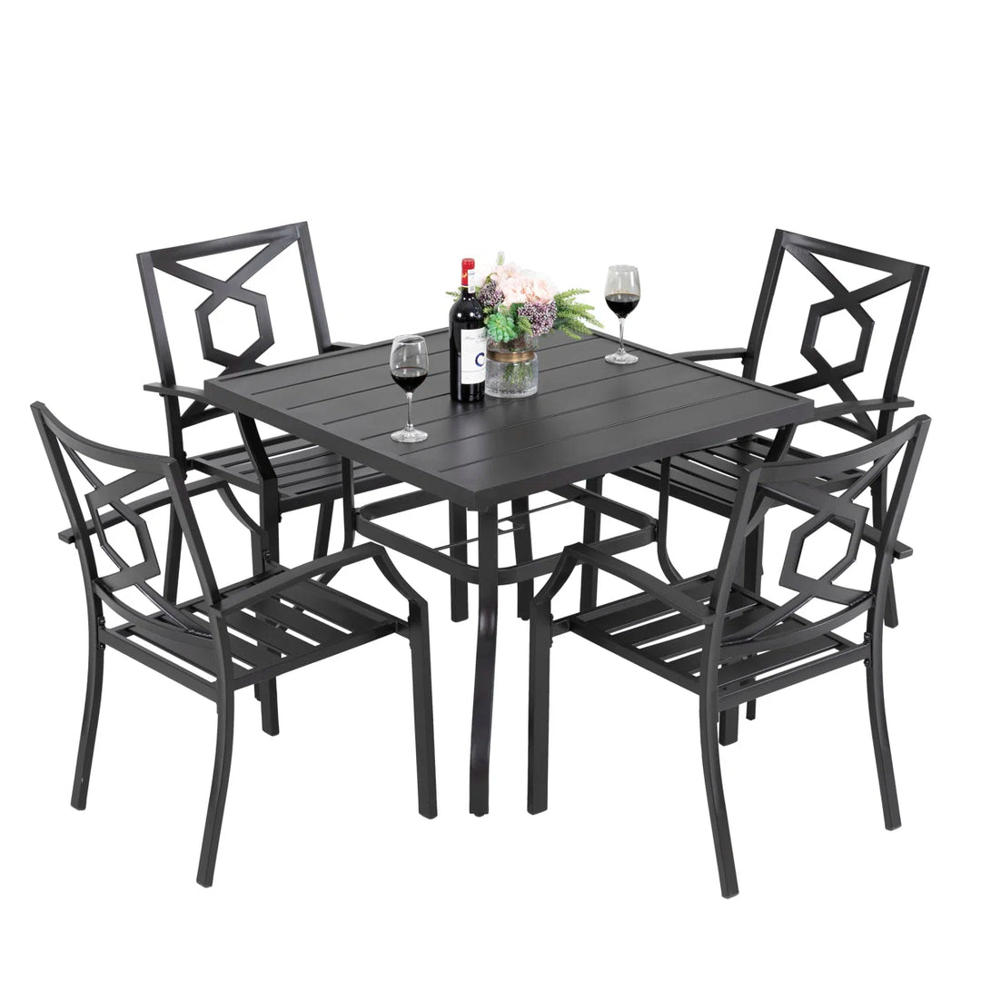 Greyleigh Modbury Outdoor 5-Piece Dining Set with Iron Chairs and Umbrella Hole