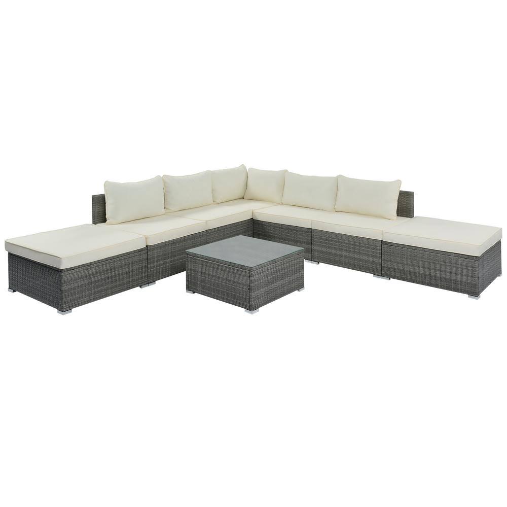 Harper Bright Designs 8-Piece Gray Wicker Outdoor Sectional Set with Beige Cushions