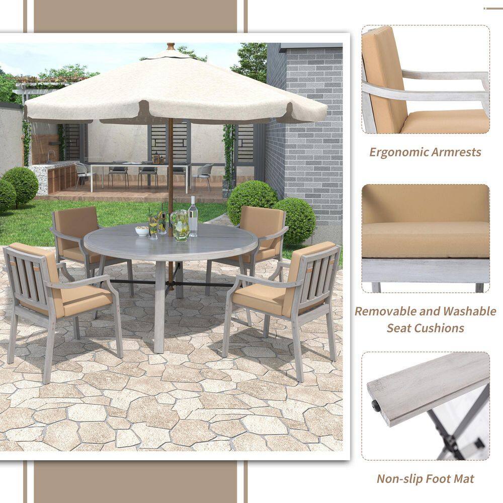 Harper Bright Designs Antique Gray 5-Piece Wood Outdoor Dining Set with Umbrella Hole